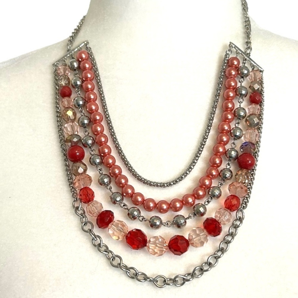 Multi Strand 80’s Pink and Silver Tone Necklace